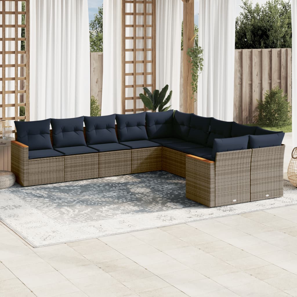 10-teiliges Gartensofa-Set mit Kissen, grau, Polyrattan