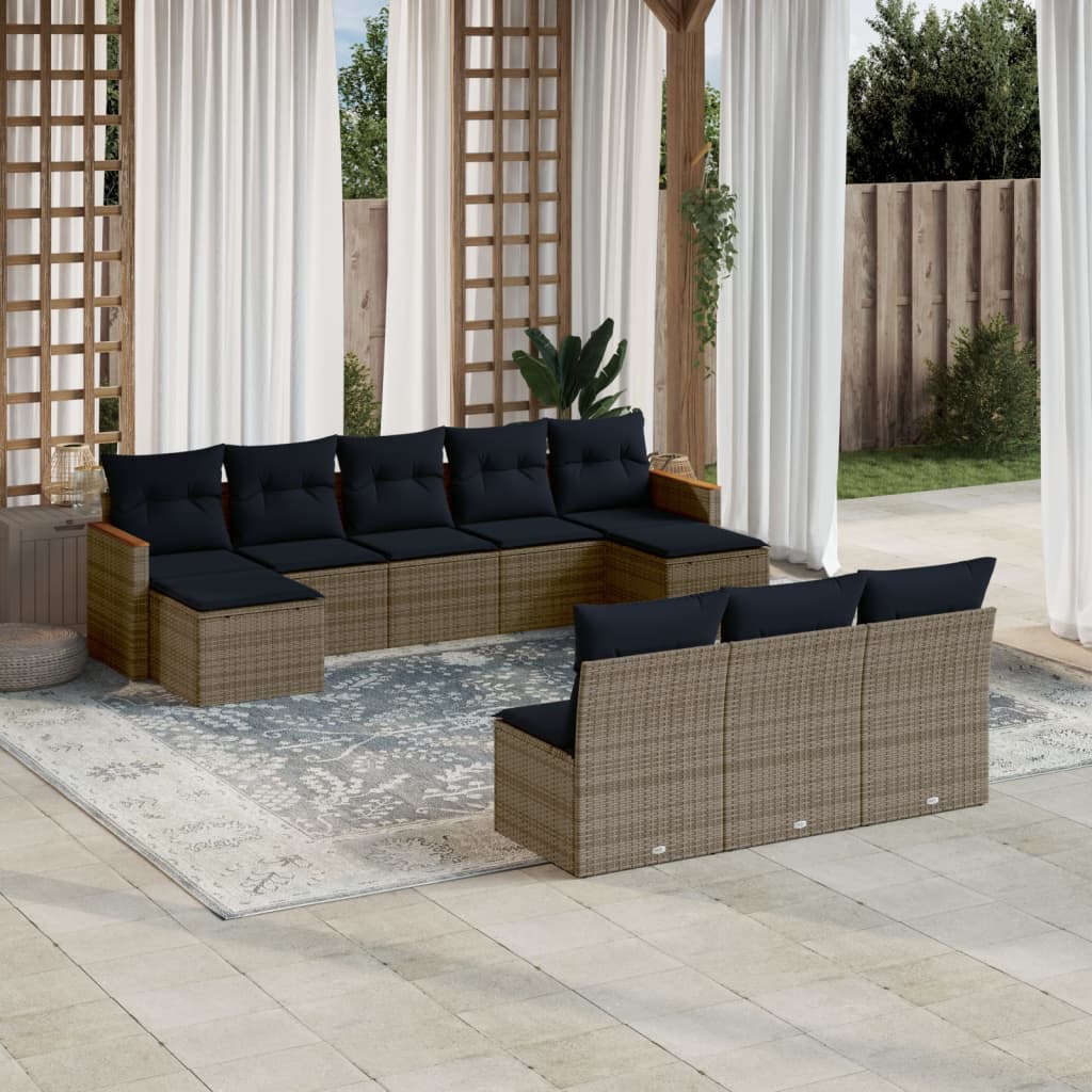 10-teiliges Gartensofa-Set mit Kissen, grau, Polyrattan