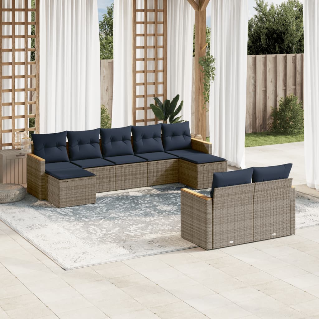 9-teiliges Gartensofa-Set mit Kissen, grau, Polyrattan