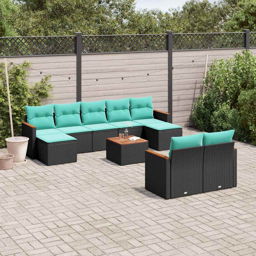 10-teiliges Gartensofa-Set mit Kissen, schwarzes Polyrattan