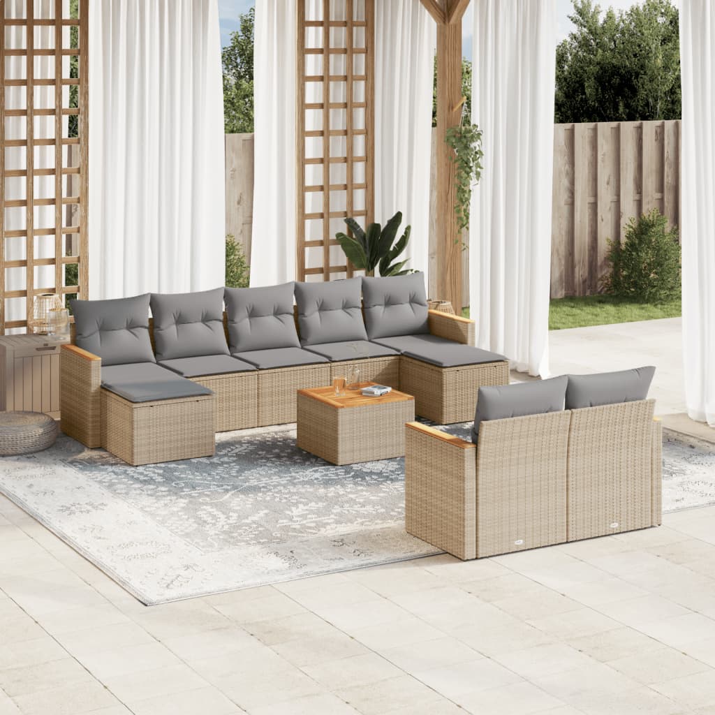 10-tlg. Garten-Sofagarnitur mit Kissen Beige-Mix Poly Rattan