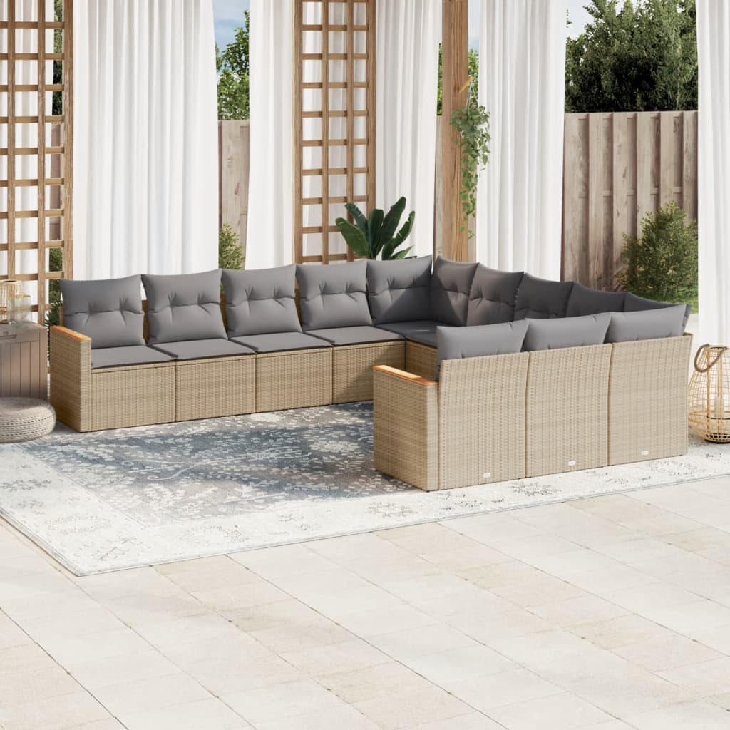 11-tlg. Garten-Sofagarnitur mit Kissen Beige-Mix Poly Rattan