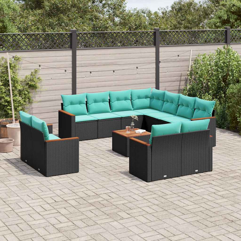 12-teiliges Gartensofa-Set mit Kissen, schwarzes Polyrattan