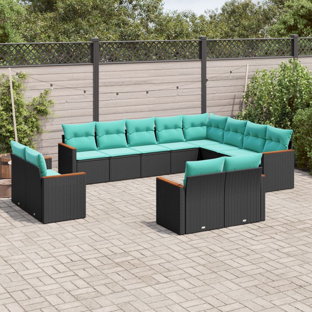 12-teiliges Gartensofa-Set mit Kissen, schwarzes Polyrattan