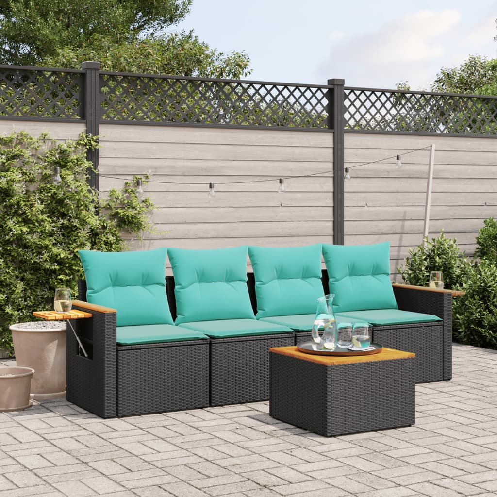 5-tlg. Garten-Sofagarnitur mit Kissen Schwarz Poly Rattan