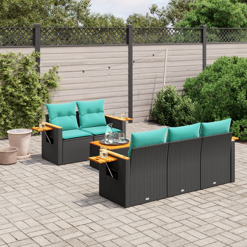 6-tlg. Garten-Sofagarnitur mit Kissen Schwarz Poly Rattan