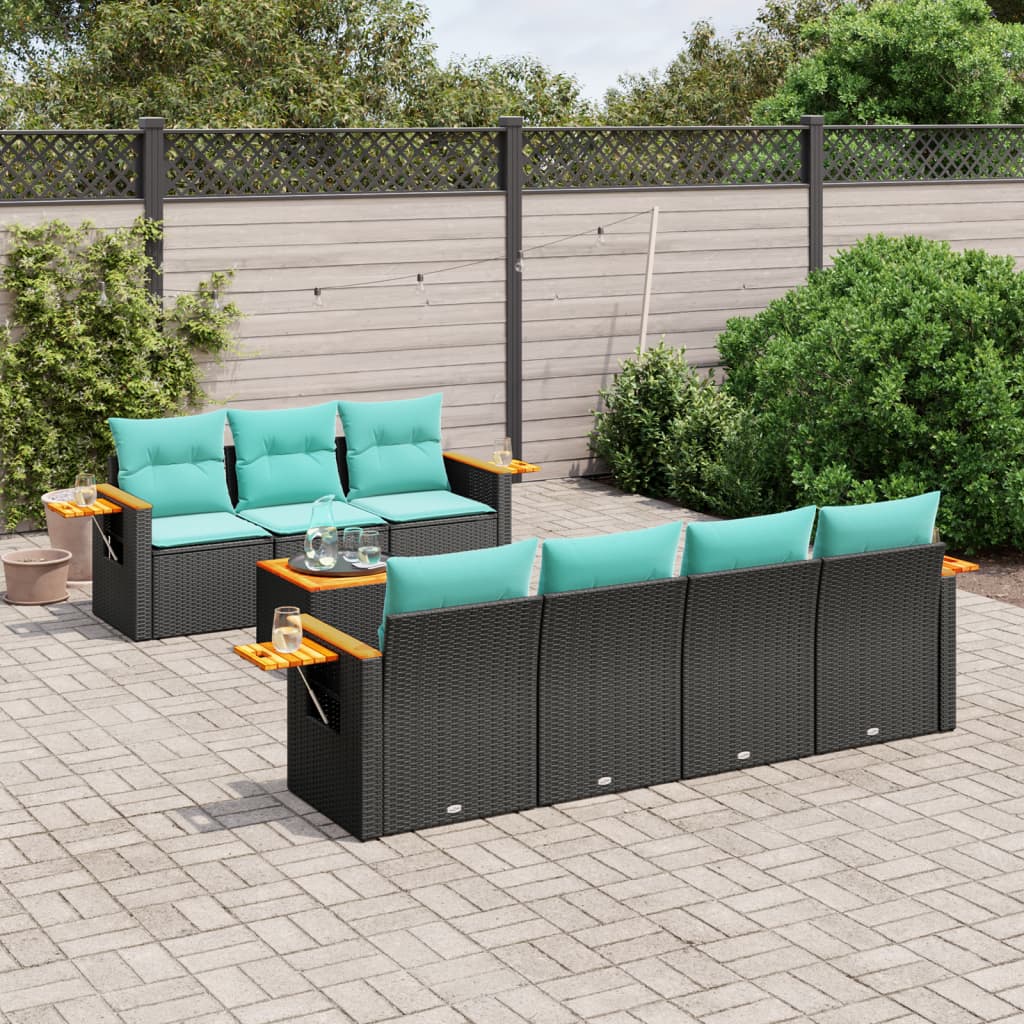 8-tlg. Garten-Sofagarnitur mit Kissen Schwarz Poly Rattan