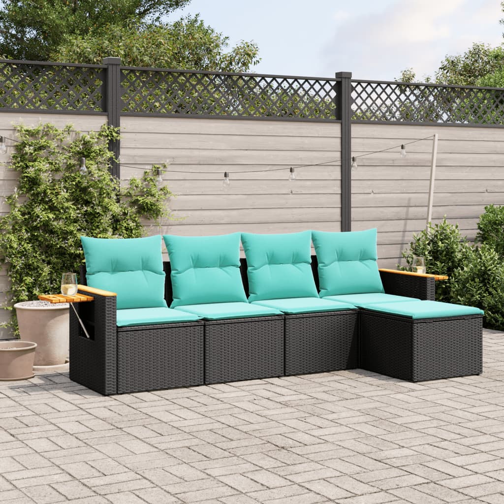 5-tlg. Garten-Sofagarnitur mit Kissen Schwarz Poly Rattan