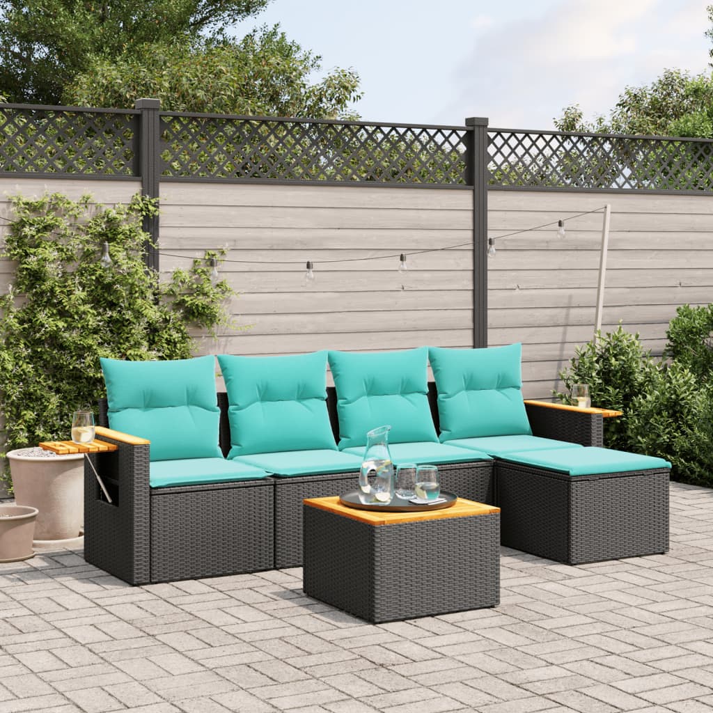 6-tlg. Garten-Sofagarnitur mit Kissen Schwarz Poly Rattan