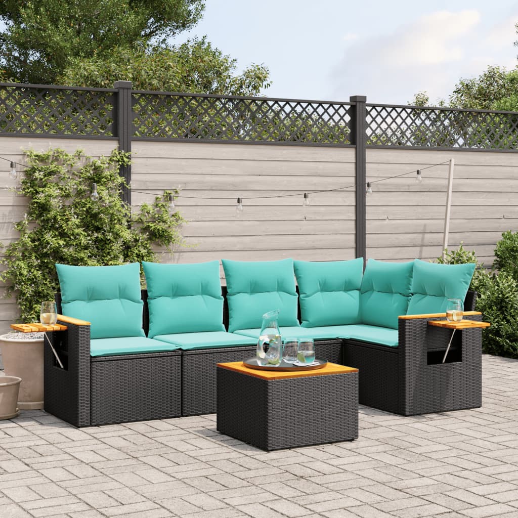 6-tlg. Garten-Sofagarnitur mit Kissen Schwarz Poly Rattan