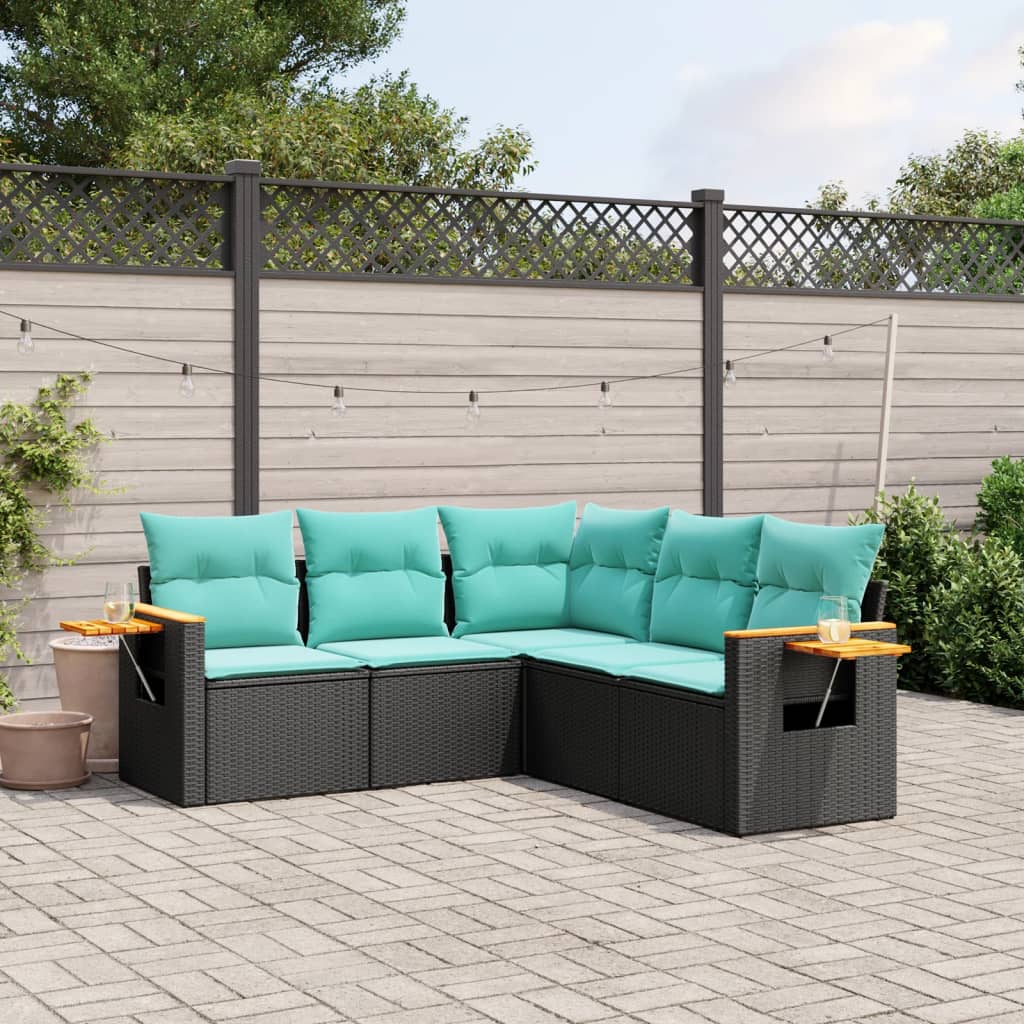 5-tlg. Garten-Sofagarnitur mit Kissen Schwarz Poly Rattan