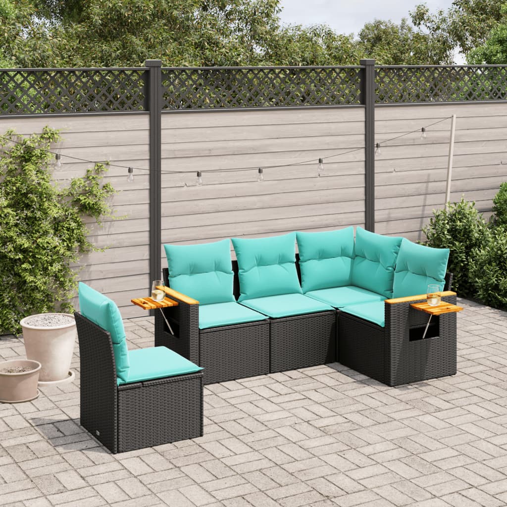 5-tlg. Garten-Sofagarnitur mit Kissen Schwarz Poly Rattan