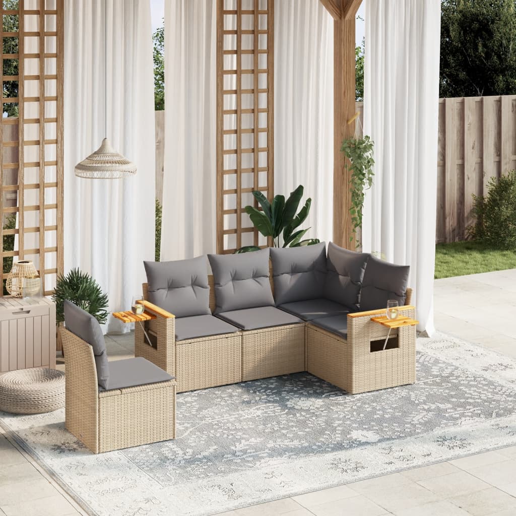 5-tlg. Garten-Sofagarnitur mit Kissen Beige Poly Rattan
