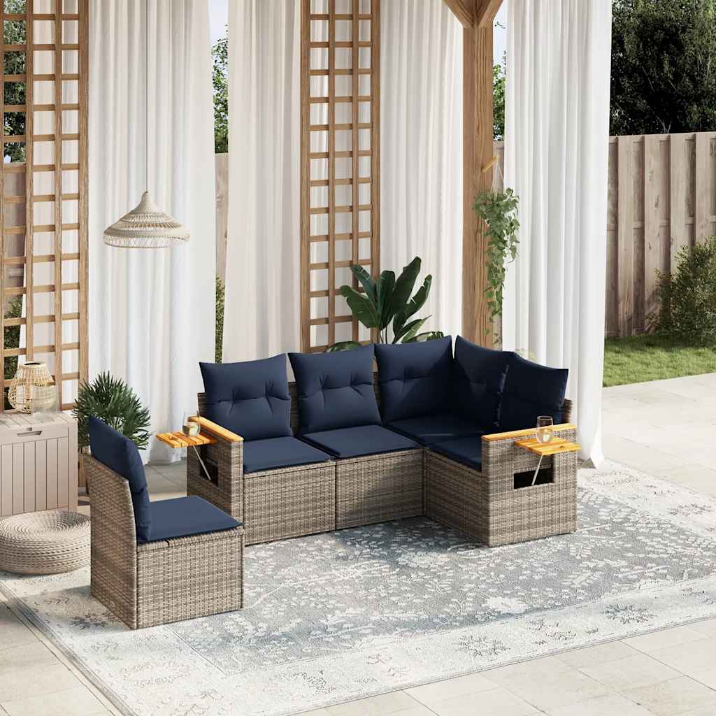 5-tlg. Garten-Sofagarnitur mit Kissen Grau Poly Rattan