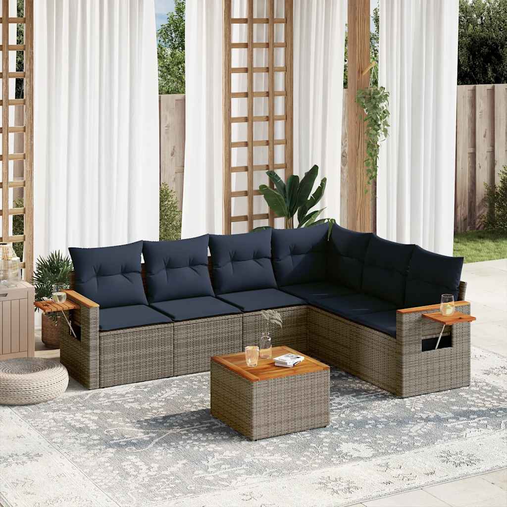 7-tlg. Garten-Sofagarnitur mit Kissen Grau Poly Rattan