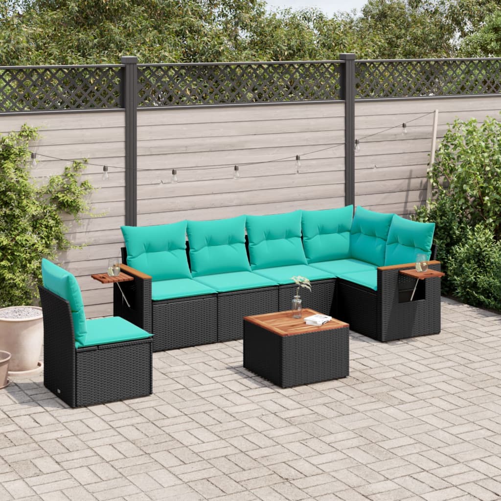 7-tlg. Garten-Sofagarnitur mit Kissen Schwarz Poly Rattan