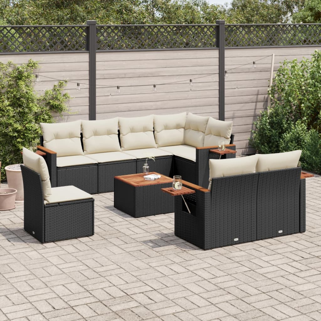 9-tlg. Garten-Sofagarnitur mit Kissen Schwarz Poly Rattan