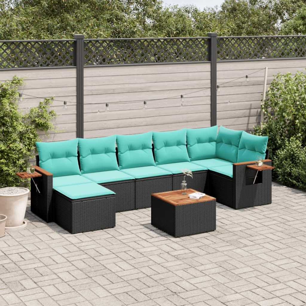 8-tlg. Garten-Sofagarnitur mit Kissen Schwarz Poly Rattan