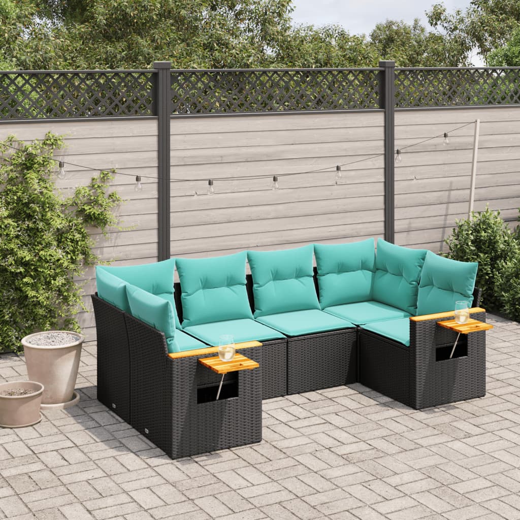 6-tlg. Garten-Sofagarnitur mit Kissen Schwarz Poly Rattan