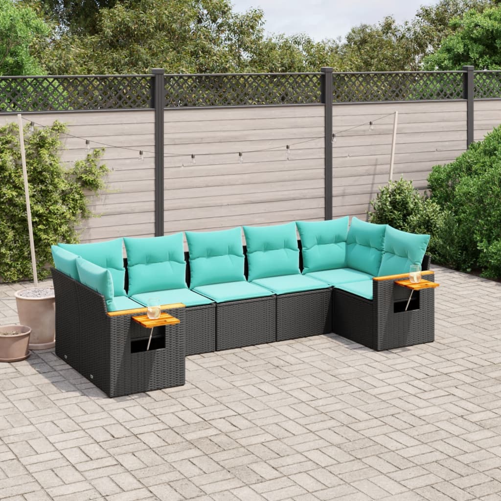 7-tlg. Garten-Sofagarnitur mit Kissen Schwarz Poly Rattan