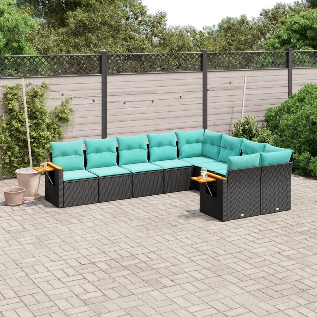 9-tlg. Garten-Sofagarnitur mit Kissen Schwarz Poly Rattan