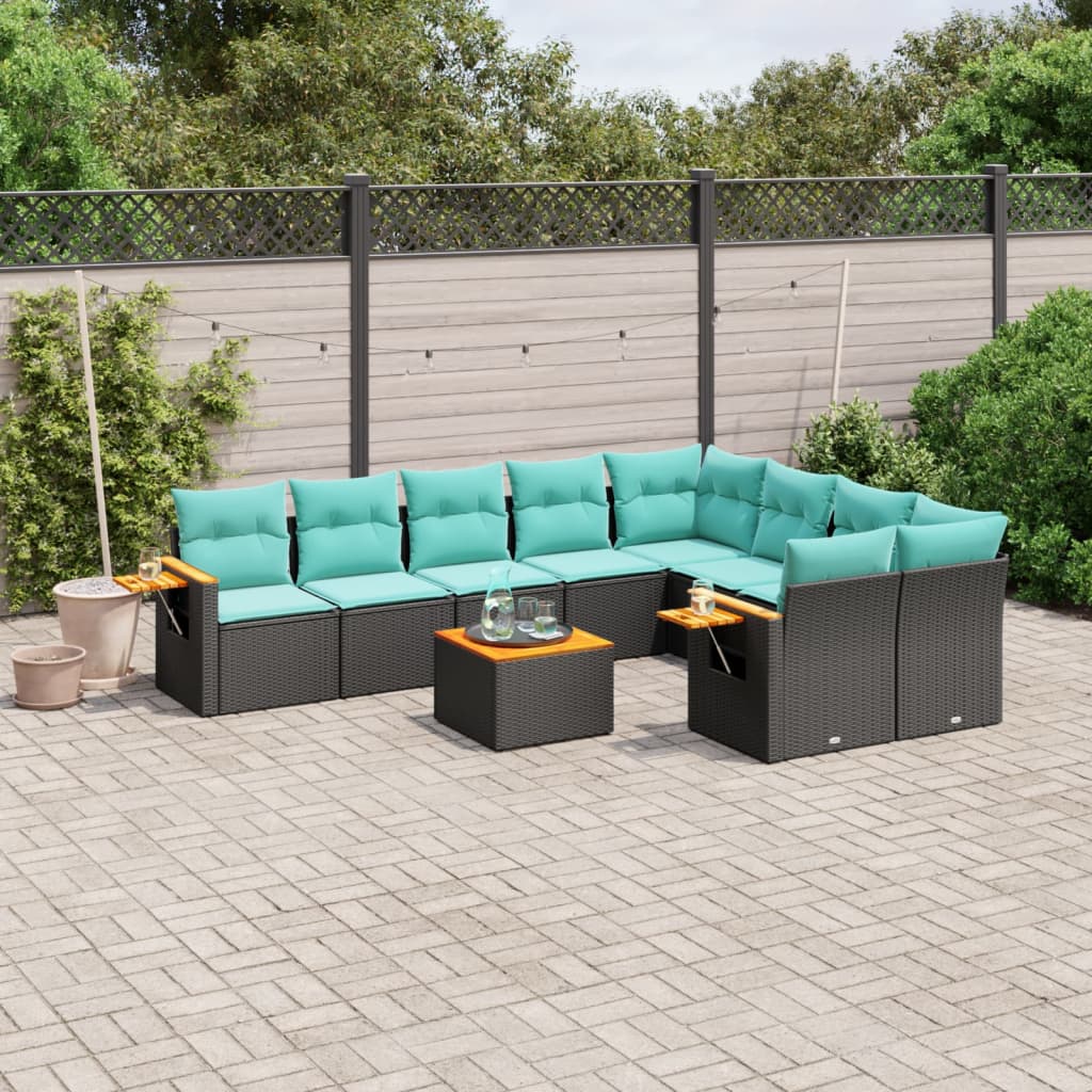 10-tlg. Garten-Sofagarnitur mit Kissen Schwarz Poly Rattan