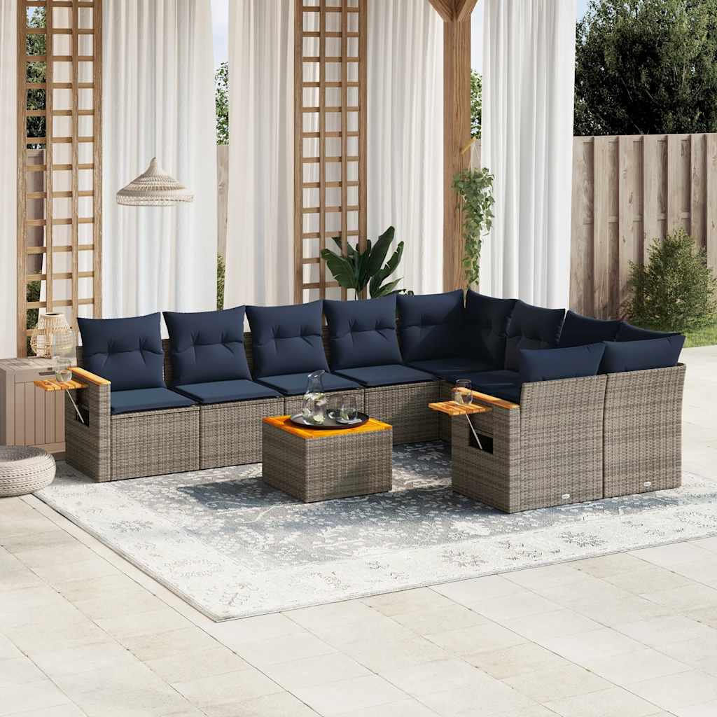 10-tlg. Garten-Sofagarnitur mit Kissen Grau Poly Rattan