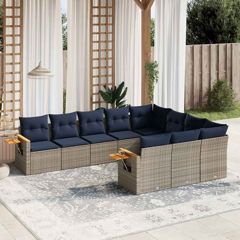 10-tlg. Garten-Sofagarnitur mit Kissen Grau Poly Rattan