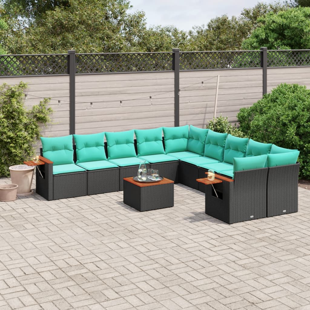 11-tlg. Garten-Sofagarnitur mit Kissen Schwarz Poly Rattan