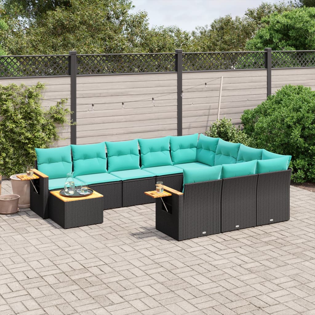 11-tlg. Garten-Sofagarnitur mit Kissen Schwarz Poly Rattan