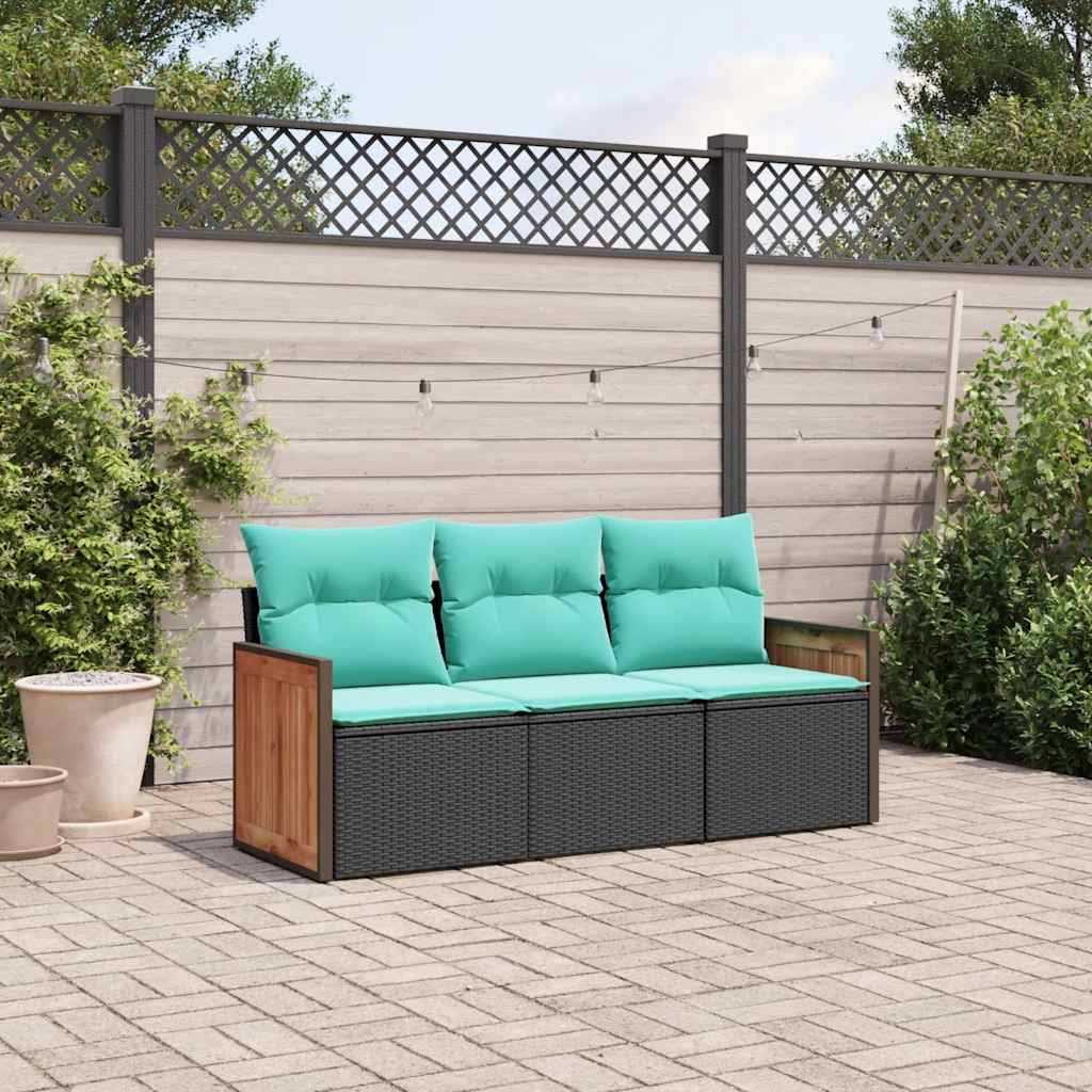3-teiliges Gartensofa-Set mit Kissen, schwarzes Polyrattan