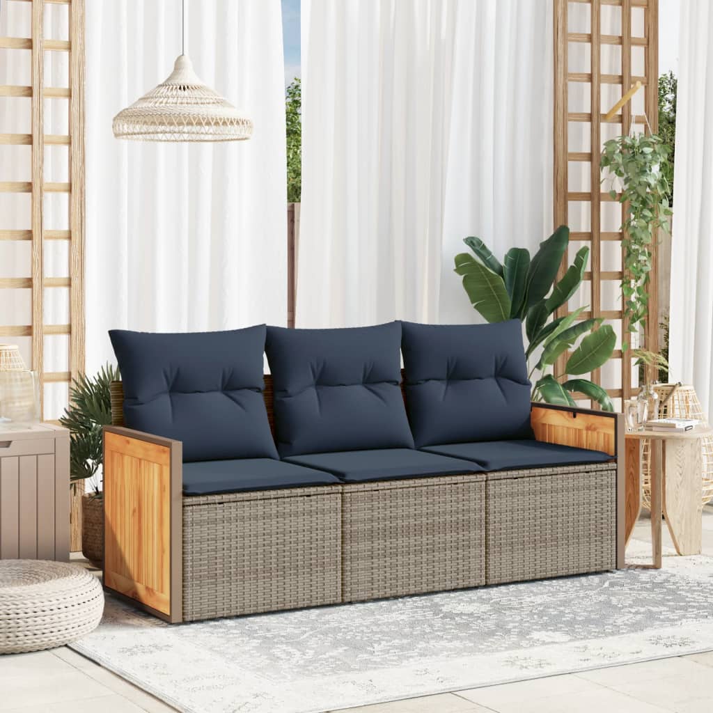 3-teiliges Gartensofa-Set mit Kissen, grau, Polyrattan