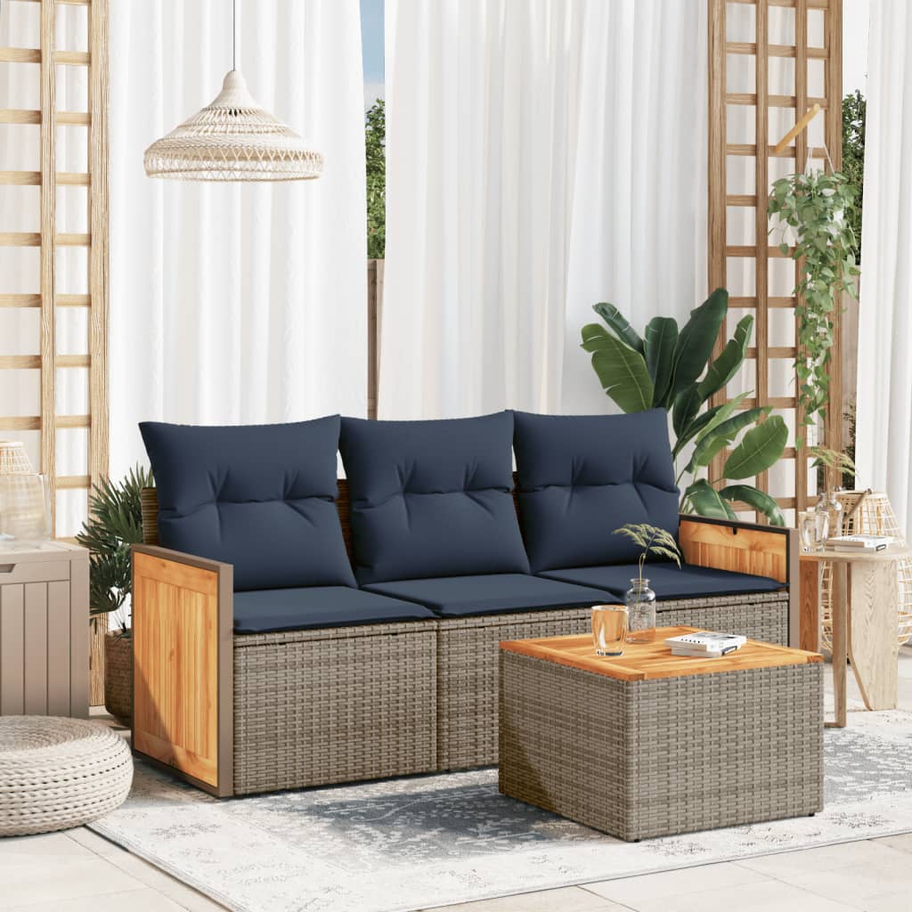 4-teiliges Gartensofa-Set mit Kissen, grau, Polyrattan