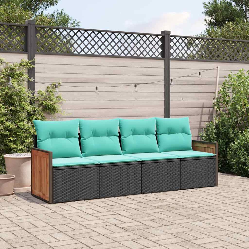 4-teiliges Gartensofa-Set mit Kissen, schwarzes Polyrattan
