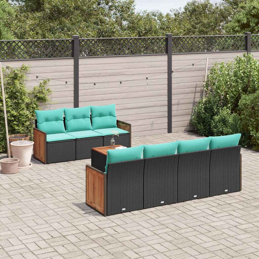 8-teiliges Gartensofa-Set mit Kissen, schwarzes Polyrattan
