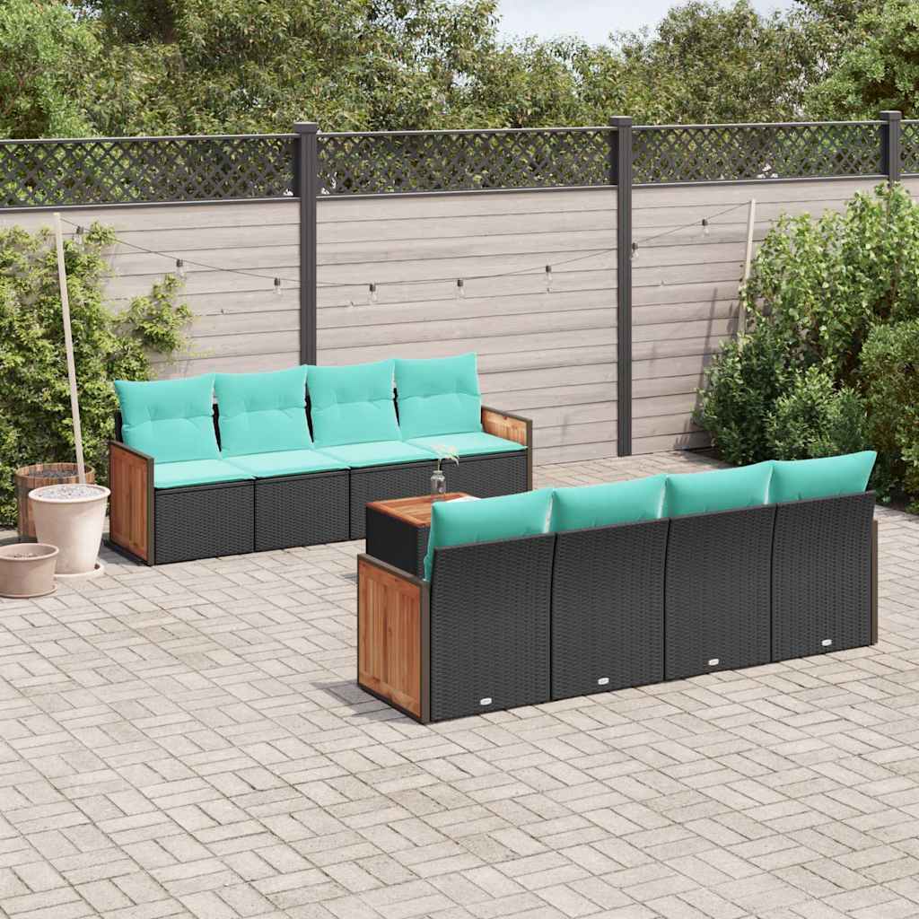 9-teiliges Gartensofa-Set mit Kissen, schwarzes Polyrattan