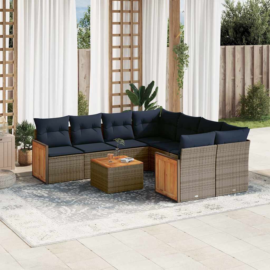 9-teiliges Gartensofa-Set mit Kissen, grau, Polyrattan