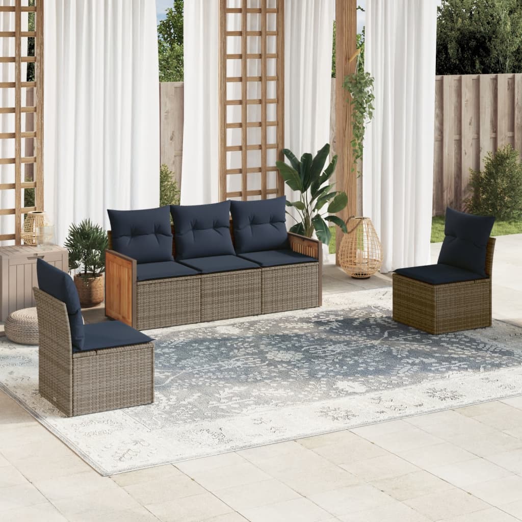 5-teiliges Gartensofa-Set mit Kissen, grau, Polyrattan