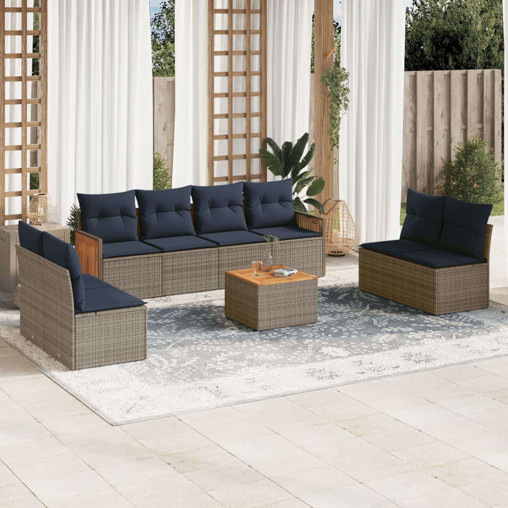 9-teiliges Gartensofa-Set mit Kissen, grau, Polyrattan