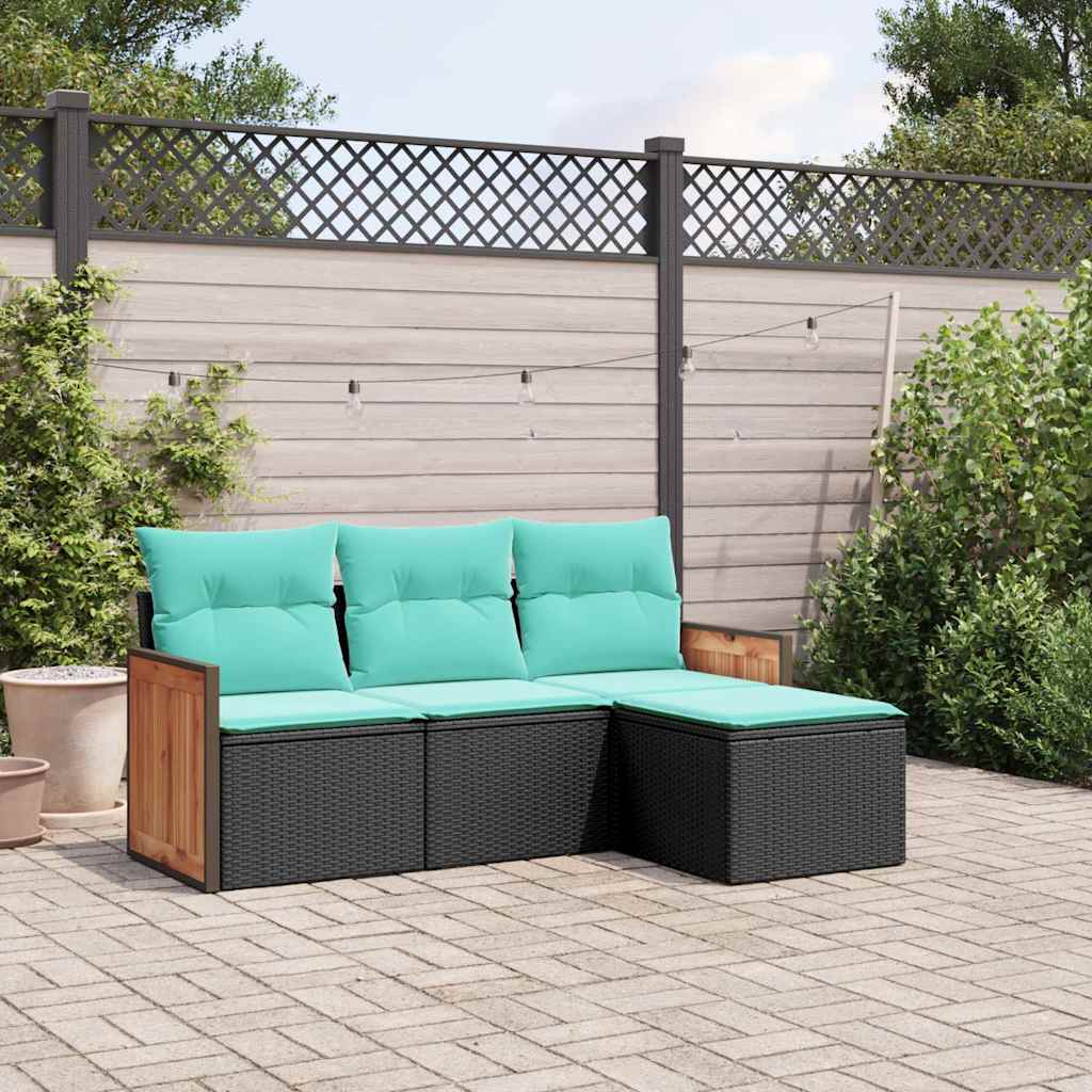 4-teiliges Gartensofa-Set mit Kissen, schwarzes Polyrattan