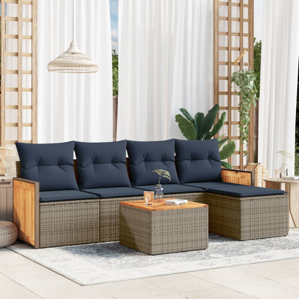 6-teiliges Gartensofa-Set mit Kissen, grau, Polyrattan