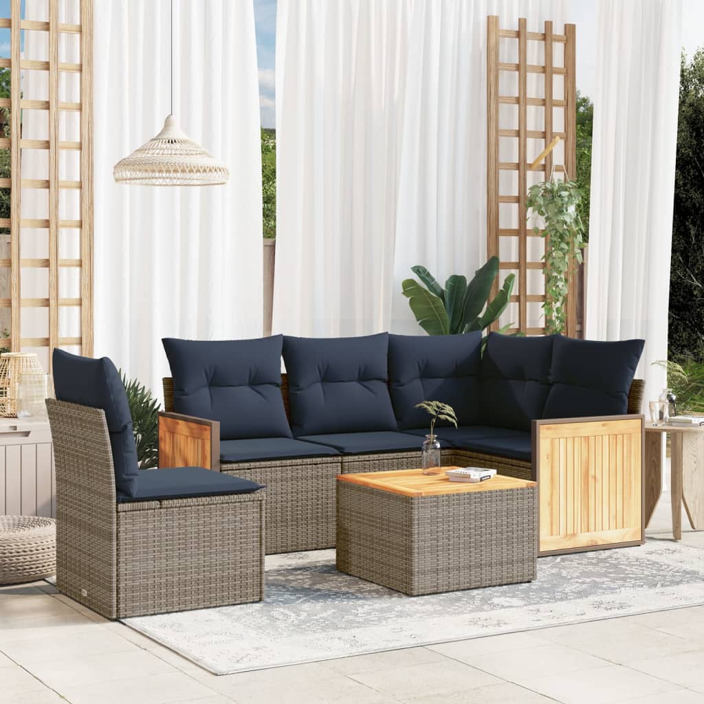 6-teiliges Gartensofa-Set mit Kissen, grau, Polyrattan