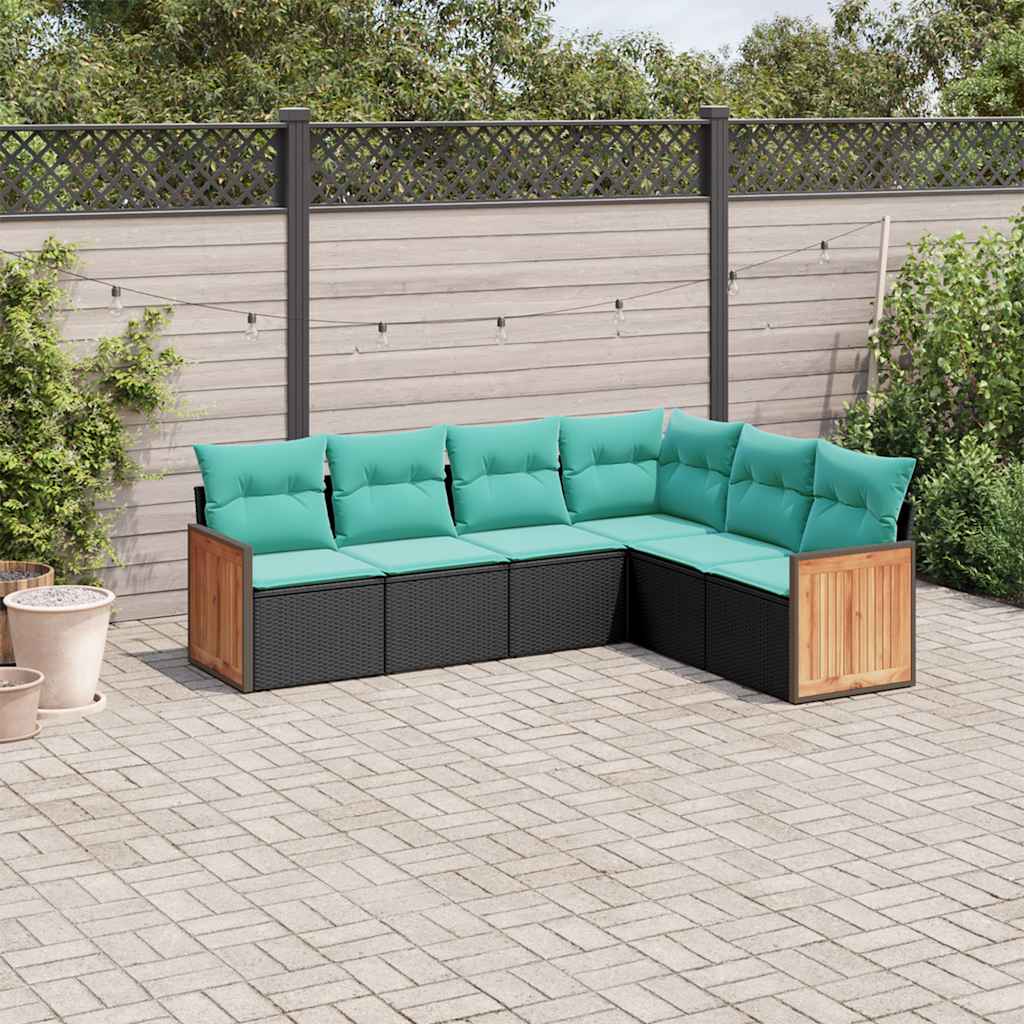 6-teiliges Gartensofa-Set mit Kissen, schwarzes Polyrattan