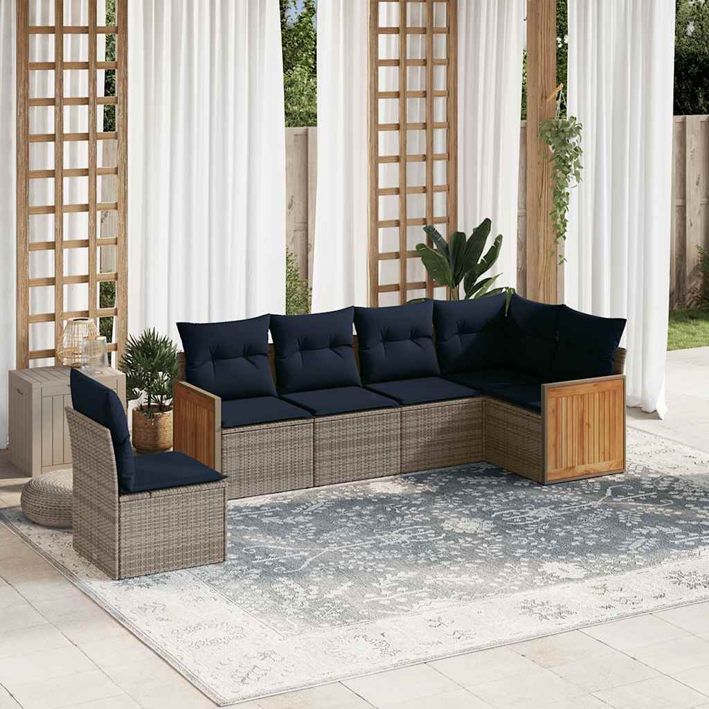 6-teiliges Gartensofa-Set mit Kissen, grau, Polyrattan