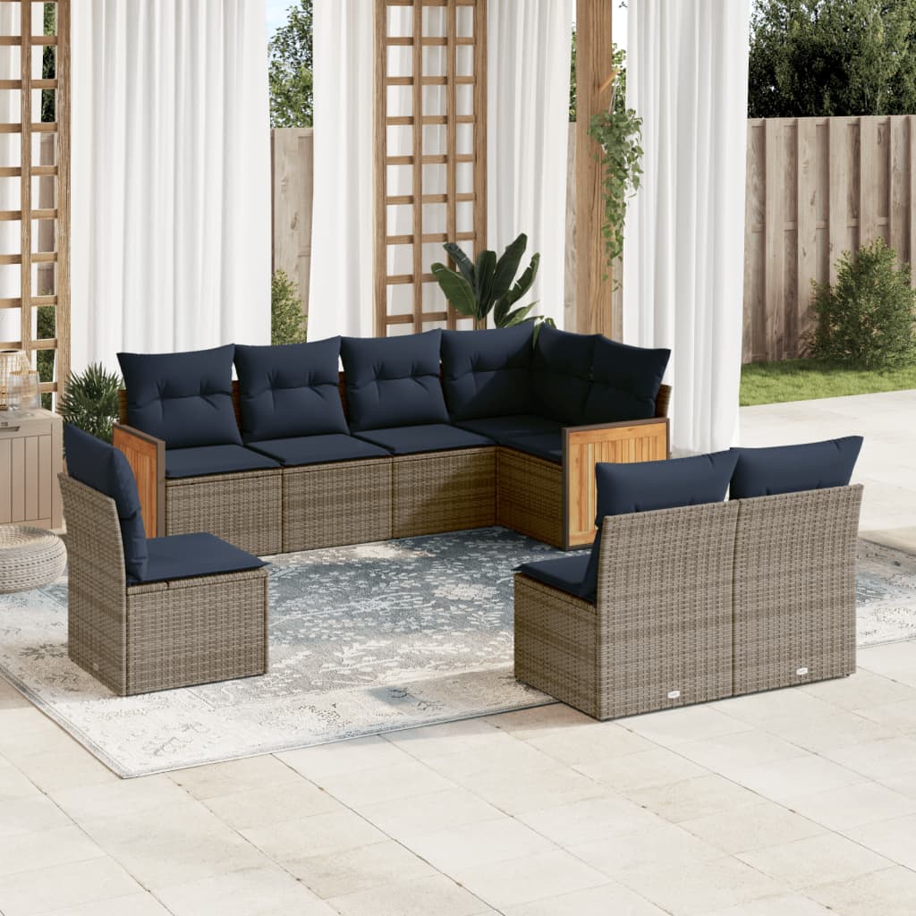 8-teiliges Gartensofa-Set mit Kissen, grau, Polyrattan