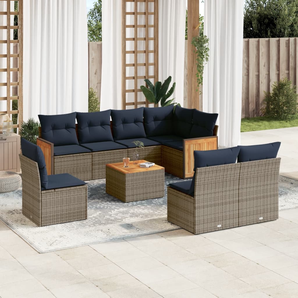 9-teiliges Gartensofa-Set mit Kissen, grau, Polyrattan