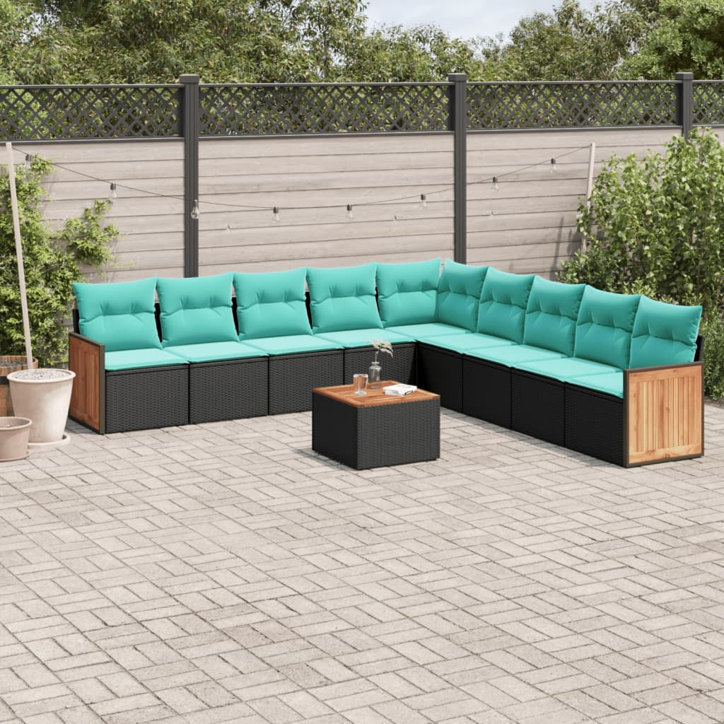 10-teiliges Gartensofa-Set mit Kissen, schwarzes Polyrattan
