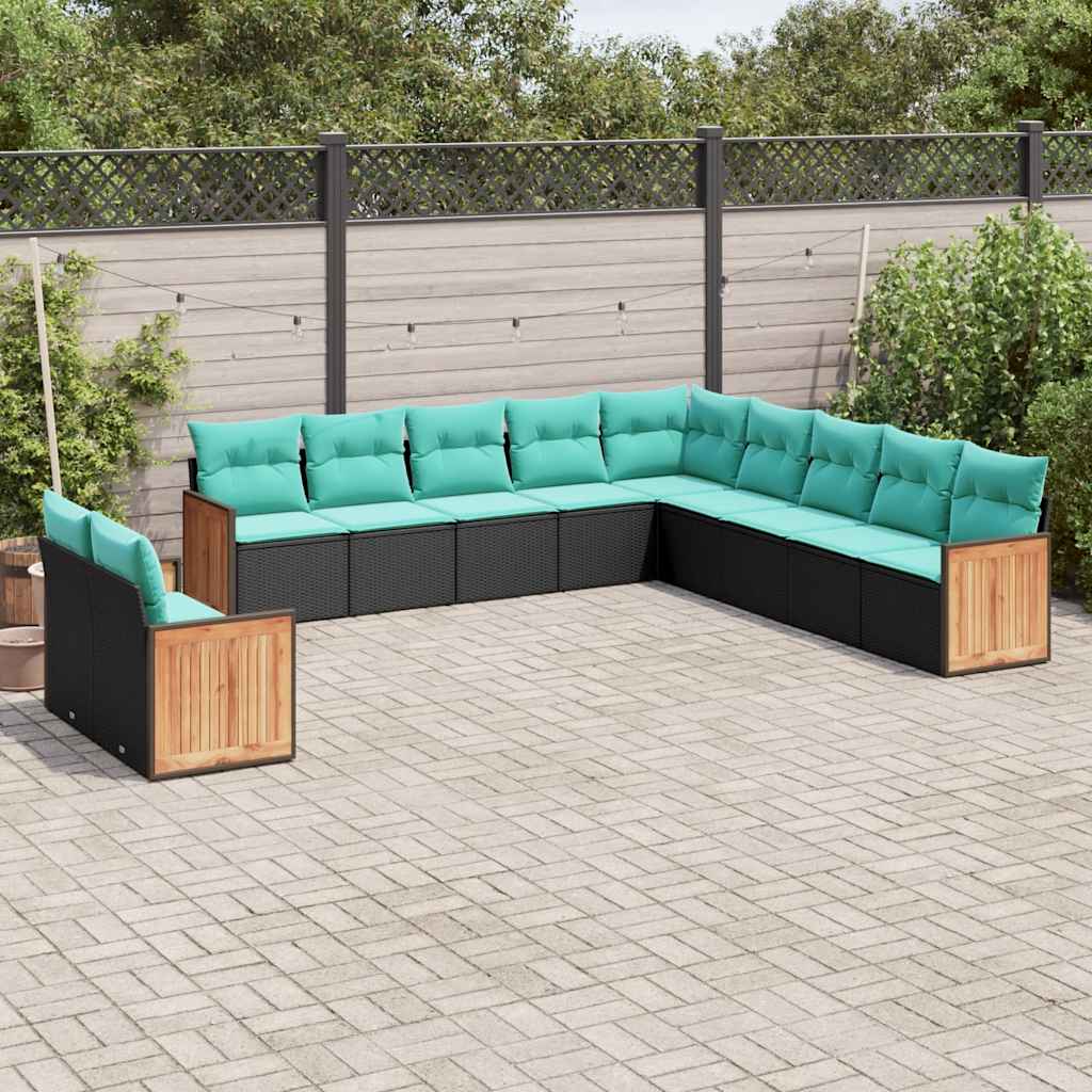11-teiliges Gartensofa-Set mit Kissen, schwarzes Polyrattan