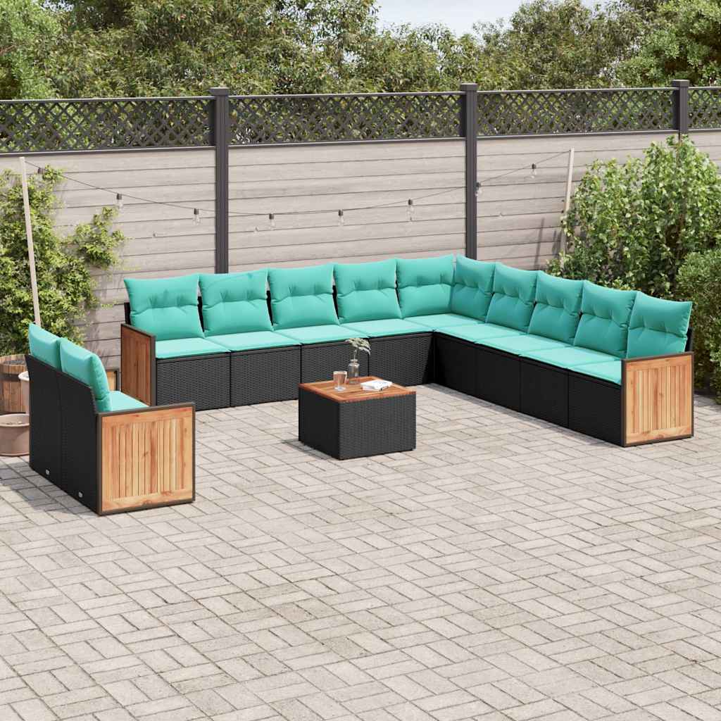 12-teiliges Gartensofa-Set mit Kissen, schwarzes Polyrattan