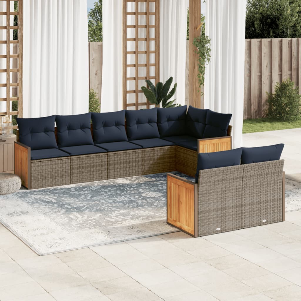 8-teiliges Gartensofa-Set mit Kissen, grau, Polyrattan